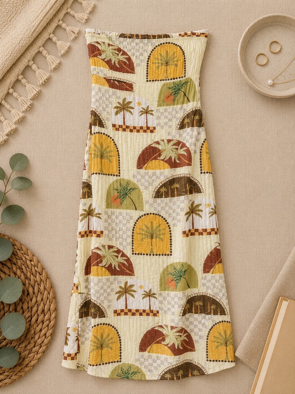 Paper Heart Tropical Palm Print Strapless Linen Blend Maxi Dress Boho Size L